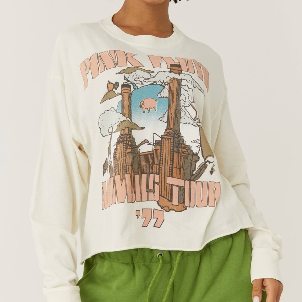 FREE PEOPLE Daydreamer Pink Floyd Animals Tour 77 Crop Long Sleeve Band Tee M